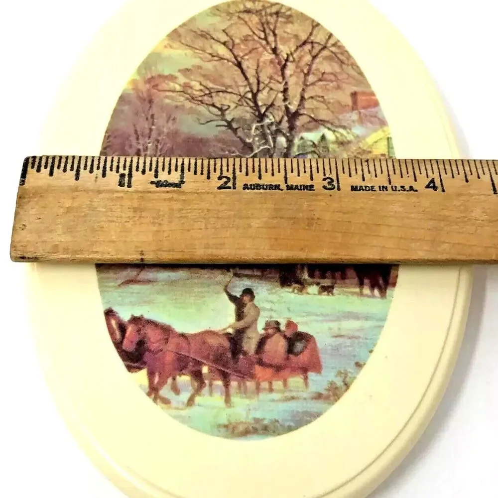 Hand Held Vanity Mirror Vintage Farmhouse Winter Dashing Snow Scene 11.5” Tall